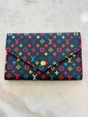 LV Copy Black Multicolor Monogram Envelope Wallet - Rainbow Logos